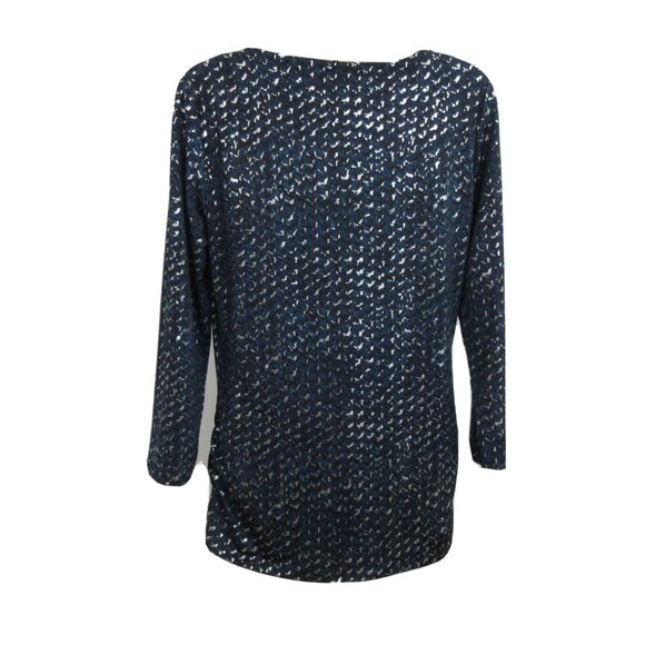 Dana Buchman Blouse Sz Small Blue Black Silver Metallic Draped Neckline Long Sle - Picture 2 of 10